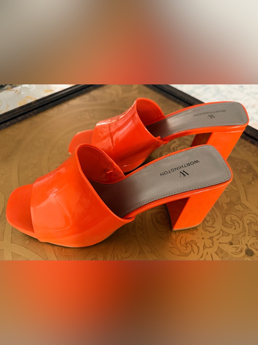 Worthington Bright Orange Patent Slide Mules with Block Heel